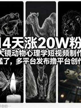 14天涨20W粉！情绪放大镜动物心理学短视频制作教学，流量太猛了，多平台发布撸平台创作者收益