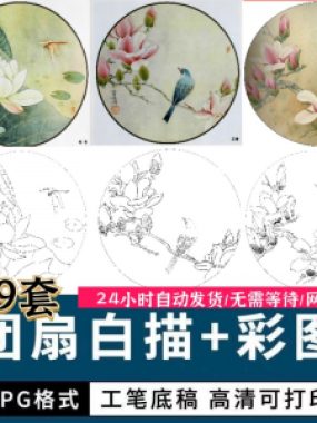 工笔花鸟白描国画团扇线描底稿彩图临摹参考电子版高清图片素材库