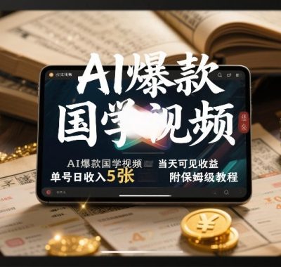 AI爆款国学视频，独家起号方法，小白直接上手，当天可见收益，单号日收入5张+附保姆级教程