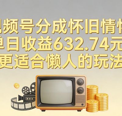 视频号分成怀旧情怀，单日收益632.74，更适合懒人的玩法