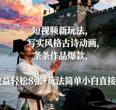 短视频新玩法，写实风格古诗动画，条条作品爆款，日收益轻松8张+玩法简单小白直接操作