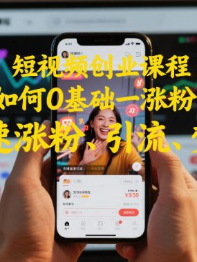 短视频创业课程，教你如何0基础一天涨粉25W，快速涨粉、引流、变现