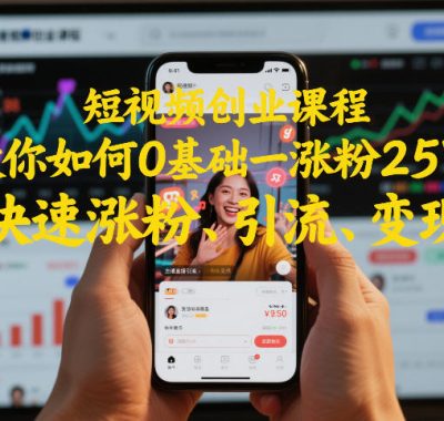 短视频创业课程，教你如何0基础一天涨粉25W，快速涨粉、引流、变现