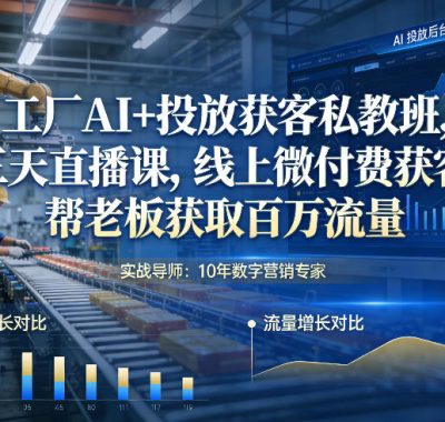 工厂AI+投放获客私教班，三天直播课，线上微付费获客，帮老板获取百万流量