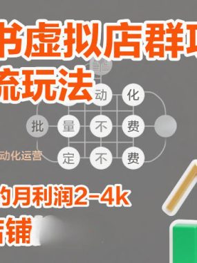 小红书虚拟店群项目，自然流玩法，批量自动化，稳定不费号，单账号的月利润2-4k，可多店矩阵