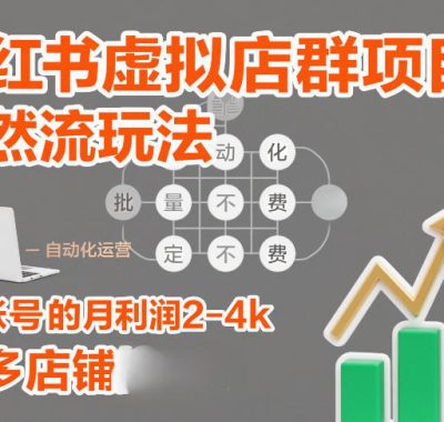 小红书虚拟店群项目，自然流玩法，批量自动化，稳定不费号，单账号的月利润2-4k，可多店矩阵