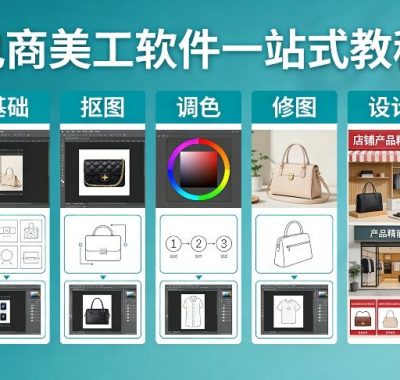 电商美工软件一站式教程，基础/抠图/调色/修图/设计，店铺产品精装修