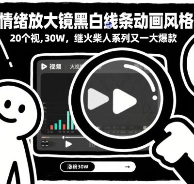 情绪放大镜黑白线条动画风格，20个视频，涨粉30W，继火柴人系列又一大爆款